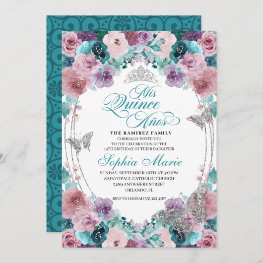 Blauwgroen & Mauve Ocean Sunset Tiara Quinceanera Kaart (Voorkant / Achterkant)