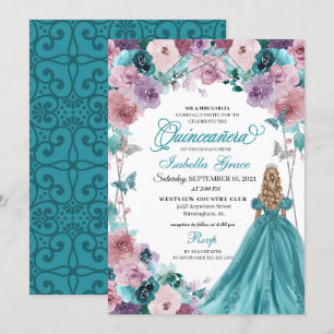 Blauwgroen & Mauve Sunset Quinceanera Princess Kaart