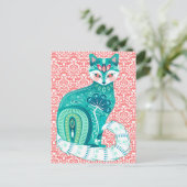 Blauwgroen maximalistische kat in Folk Floral - Ro Briefkaart (Staand voorkant)