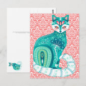Blauwgroen maximalistische kat in Folk Floral - Ro Briefkaart (Voorkant / Achterkant)