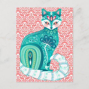 Blauwgroen maximalistische kat in Folk Floral - Ro Briefkaart