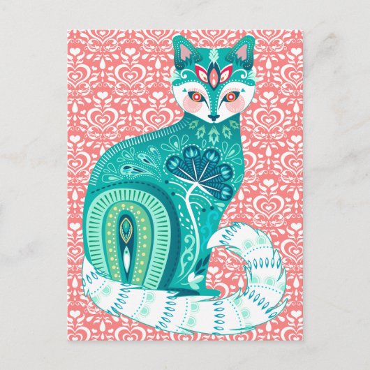 Blauwgroen maximalistische kat in Folk Floral - Ro Briefkaart (Voorkant)