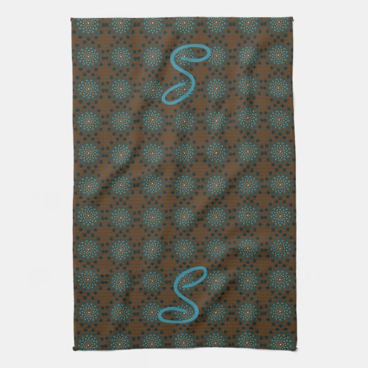 Blauwgroen medailles met monogram theedoek (Verticaal)