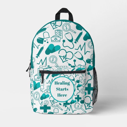 blauwgroen medische iconen Patroon  gezondheidszor Bedrukte Rugzak (Voorkant)