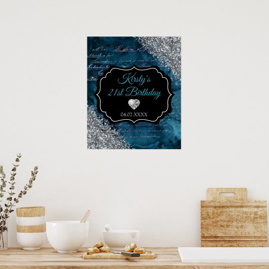 Blauwgroen Mermaid Silver Glitter Birthday Sign Poster (Keuken)