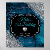 Blauwgroen Mermaid Silver Glitter Birthday Sign Poster (Voorkant)