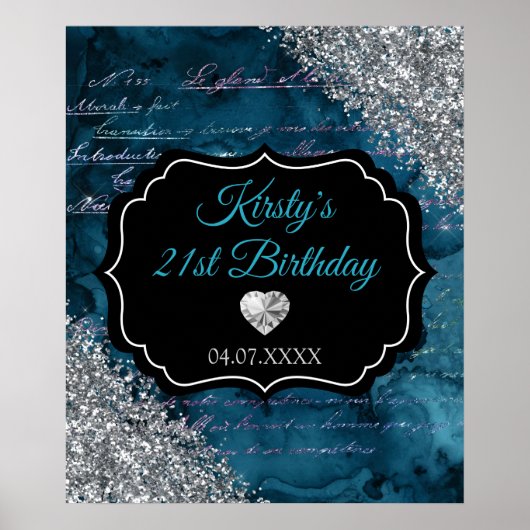 Blauwgroen Mermaid Silver Glitter Birthday Sign Poster (Voorkant)