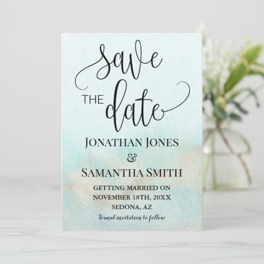 Blauwgroen met Gold Ocean Wedding Beach Save The Date (Staand voorkant)