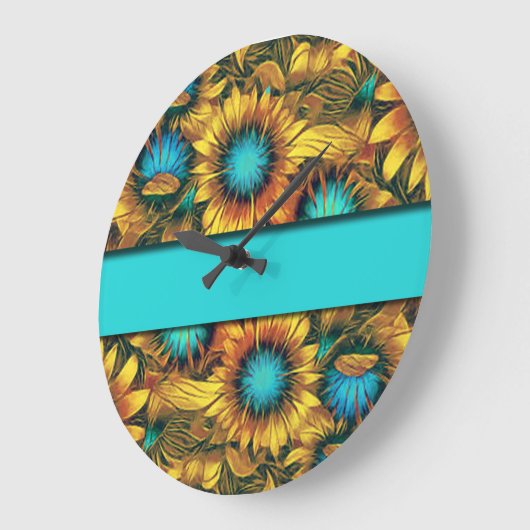 Blauwgroen met kleurrijke zonnebloemen grote klok (Hoek)