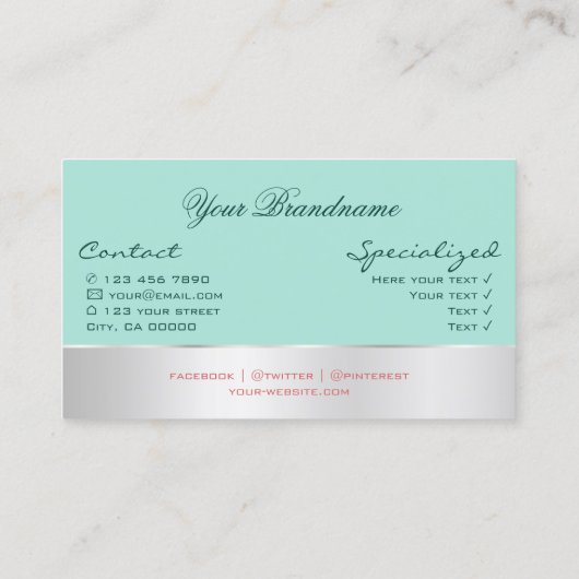 Blauwgroen met Silver Decor en een prachtige Roos  Visitekaartje (Achterkant)