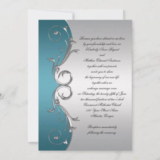 Blauwgroen met  Silver Swirls Wedding Celebration Kaart (Voorkant)