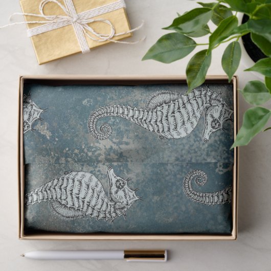 Blauwgroen met White Seahorse Decoupage Tissuepapier (Geschenk)