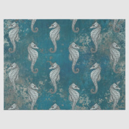 Blauwgroen met White Seahorse Decoupage Tissuepapier