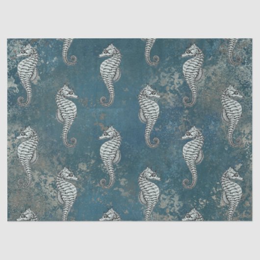 Blauwgroen met White Seahorse Decoupage Tissuepapier (Voorkant)