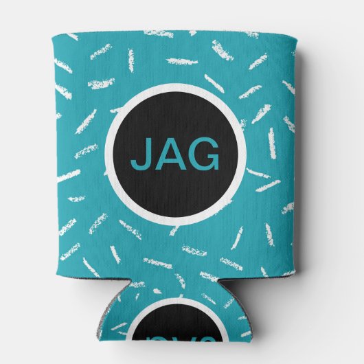 Blauwgroen met witte Confetti, monogram cirkel Blikjeskoeler (Achterkant)