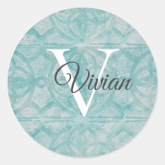 Blauwgroen met witte monogram naam ronde sticker (Voorkant)