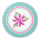 Blauwgroen met witte polka dot en roze bloemig keramische knop (Voorkant)