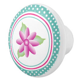 Blauwgroen met witte polka dot en roze bloemig keramische knop