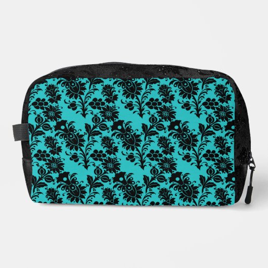 BLAUWGROEN MET ZWARTE SIERBLOEMEN TOILETTASJE (Voorkant)