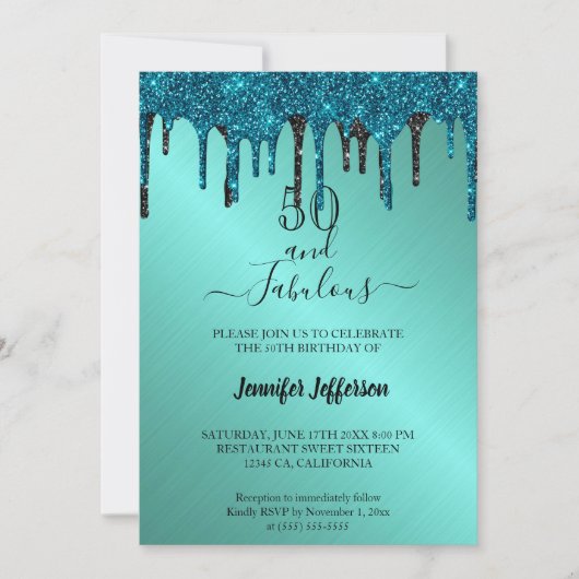 Blauwgroen metalen glitter Birthday Uitnodiging (Voorkant)