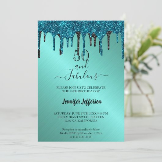 Blauwgroen metalen glitter Birthday Uitnodiging (Staand voorkant)