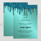 Blauwgroen metalen glitter Birthday Uitnodiging (Voorkant / Achterkant)