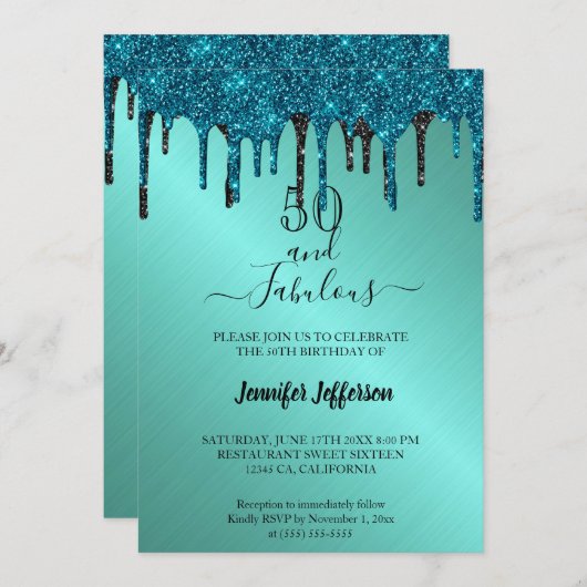 Blauwgroen metalen glitter Birthday Uitnodiging (Voorkant / Achterkant)