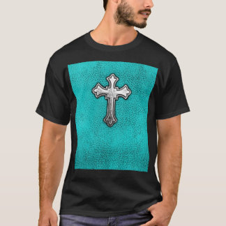 Blauwgroen metalen kruis t-shirt