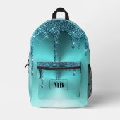 Blauwgroen Metallic Glitter Drip Monogrammed Bedrukte Rugzak (Voorkant)