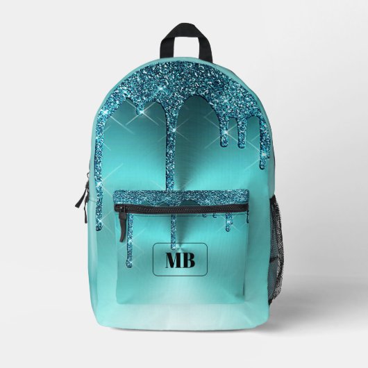 Blauwgroen Metallic Glitter Drip Monogrammed Bedrukte Rugzak (Voorkant)