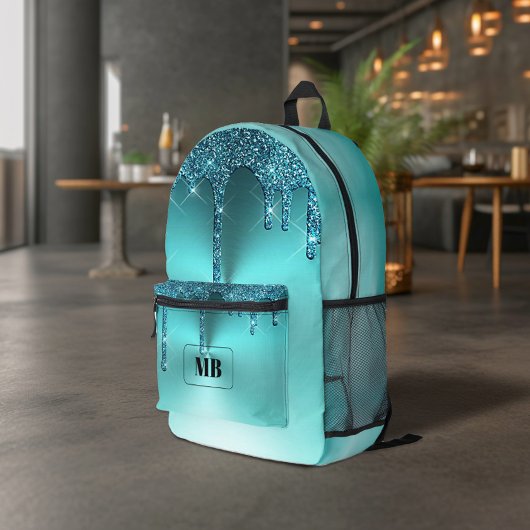 Blauwgroen Metallic Glitter Drip Monogrammed Bedrukte Rugzak