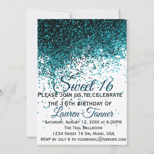 Blauwgroen metallic glitter sweet 16 uitnodiging (Voorkant)