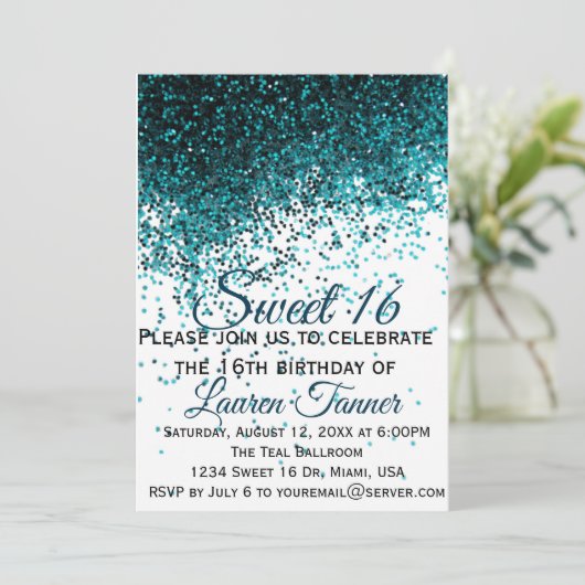 Blauwgroen metallic glitter sweet 16 uitnodiging (Staand voorkant)