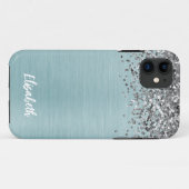 Blauwgroen Metallic Silver Glitter Girly Monogram  Case-Mate iPhone Case (Achterkant (horizontaal))