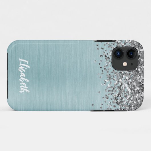 Blauwgroen Metallic Silver Glitter Girly Monogram Case-Mate iPhone Case (Achterkant (horizontaal))
