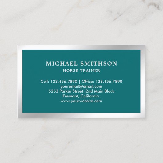 Blauwgroen Metallic Steel Horse Riding Instructor Visitekaartje (Achterkant)