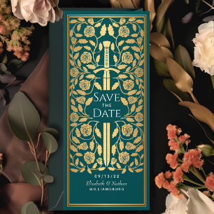 Blauwgroen Middeleeuws Zwaard Save the Date Invita Kaart