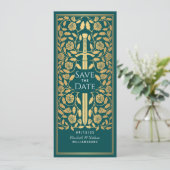 Blauwgroen Middeleeuws Zwaard Save the Date Invita Kaart (Staand voorkant)