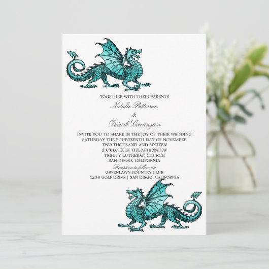 Blauwgroen middeleeuwse drakenbruiloft kaart (Staand voorkant)