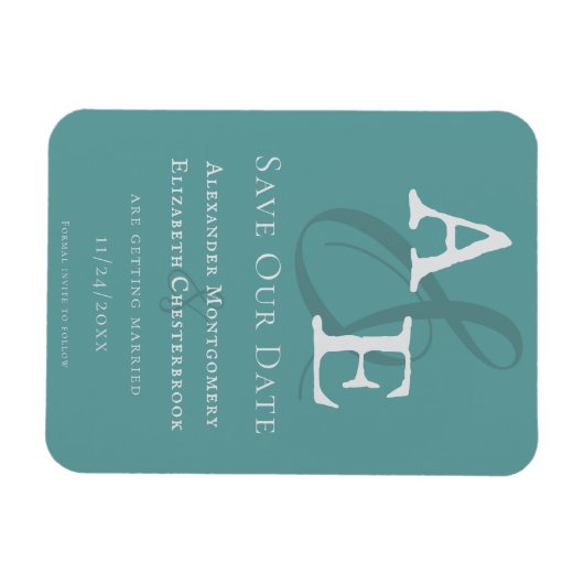 Blauwgroen minimalistisch monogram Bewaar de datum Magneet (Horizontaal)