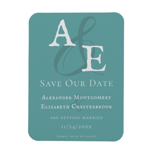 Blauwgroen minimalistisch monogram Bewaar de datum Magneet (Verticaal)