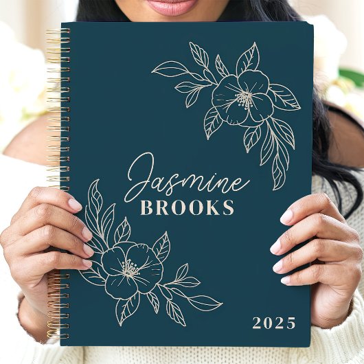 Blauwgroen Minimalistische Bloemen 2025 Aangepaste Planner