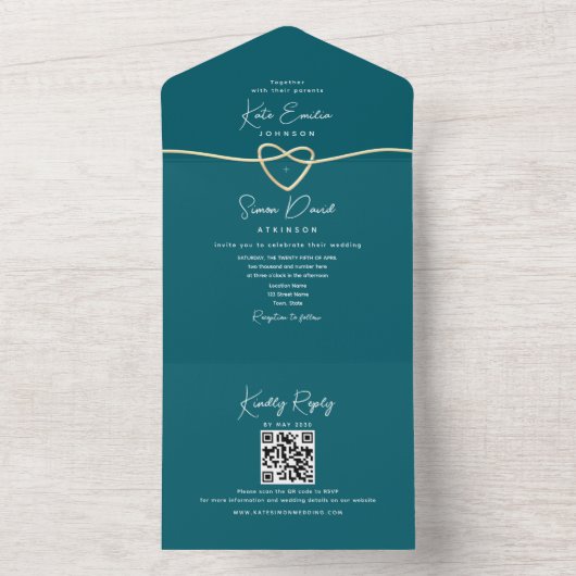 Blauwgroen minimalistische bruiloft all in one uitnodiging (Binnen)