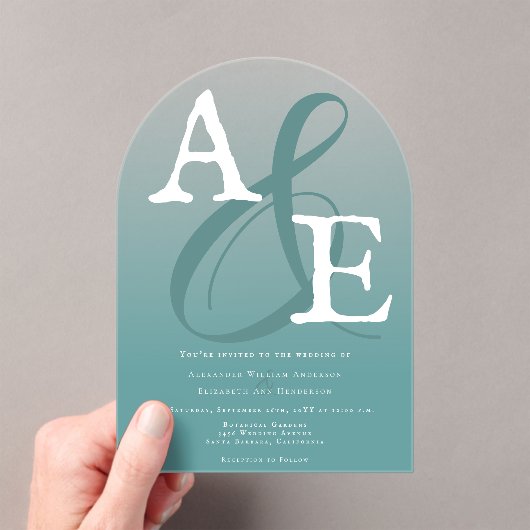 Blauwgroen minimalistische monogram bruiloft acryl uitnodigingen (Insitu (Draagbaar))