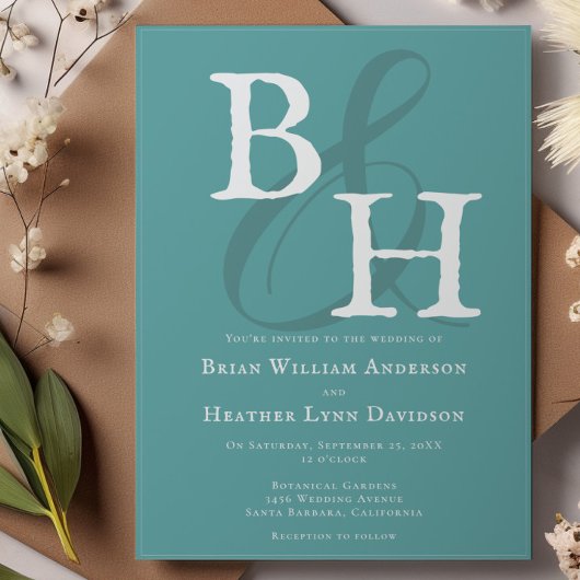 Blauwgroen minimalistische monogram bruiloft kaart