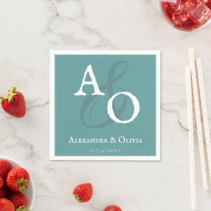 Blauwgroen minimalistische monogram bruiloft servet