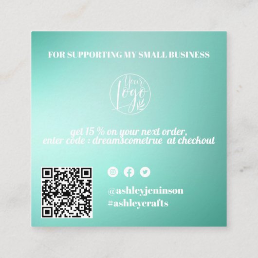 Blauwgroen minitradiënt retro scriptvolgorde bedan vierkante visitekaartje (Achterkant)