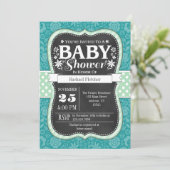 Blauwgroen Mint Chalkboard Floral Baby shower Invi Kaart (Staand voorkant)