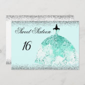 Blauwgroen Mint Glitter Confetti Sweet 16-uitnodig Kaart (Voorkant / Achterkant)