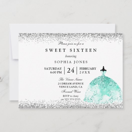 Blauwgroen Mint Glitter Confetti Sweet 16-uitnodig Kaart (Achterkant)